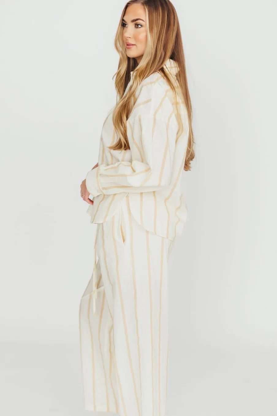 Hot Worth Collective Sicily Button-Down Top in Beige Stripe - Nursing Friendly