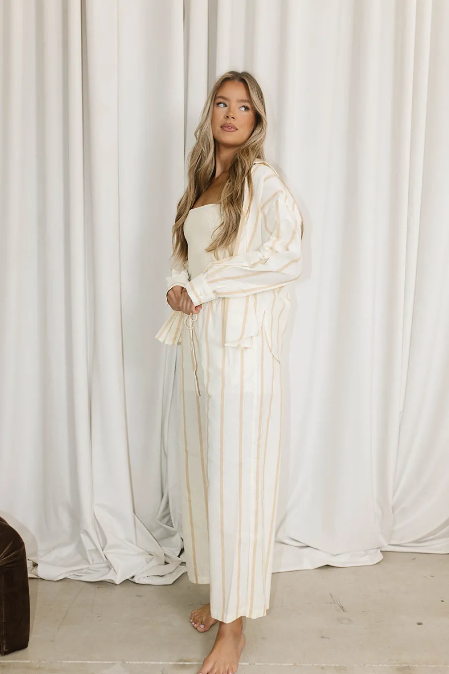 Hot Worth Collective Sicily Button-Down Top in Beige Stripe - Nursing Friendly