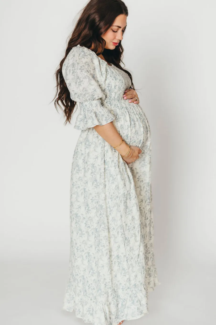 Fashion Worth Collective Sienna 100% Cotton Puff Sleeve Maxi Dress in Blue Floral - Bump Friend
