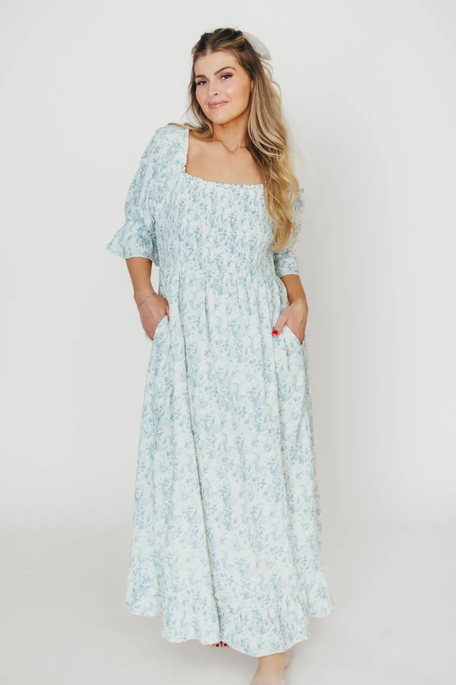 Fashion Worth Collective Sienna 100% Cotton Puff Sleeve Maxi Dress in Blue Floral - Bump Friend