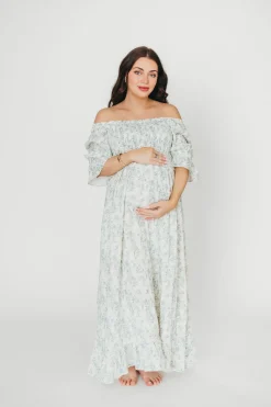 Fashion Worth Collective Sienna 100% Cotton Puff Sleeve Maxi Dress in Blue Floral - Bump Friend