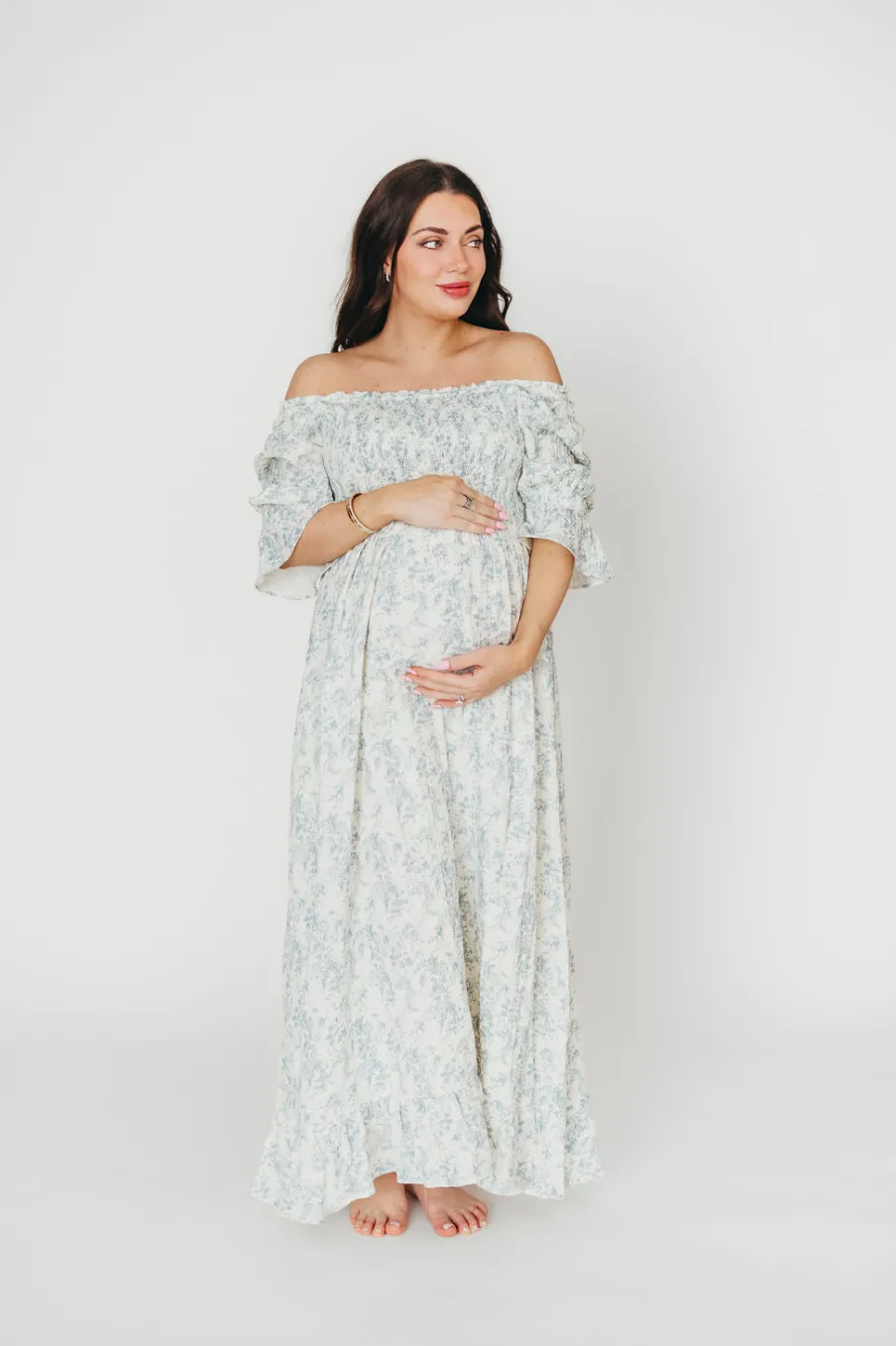 Fashion Worth Collective Sienna 100% Cotton Puff Sleeve Maxi Dress in Blue Floral - Bump Friend