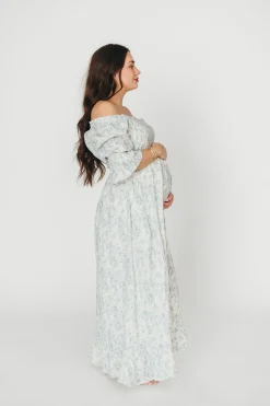Fashion Worth Collective Sienna 100% Cotton Puff Sleeve Maxi Dress in Blue Floral - Bump Friend