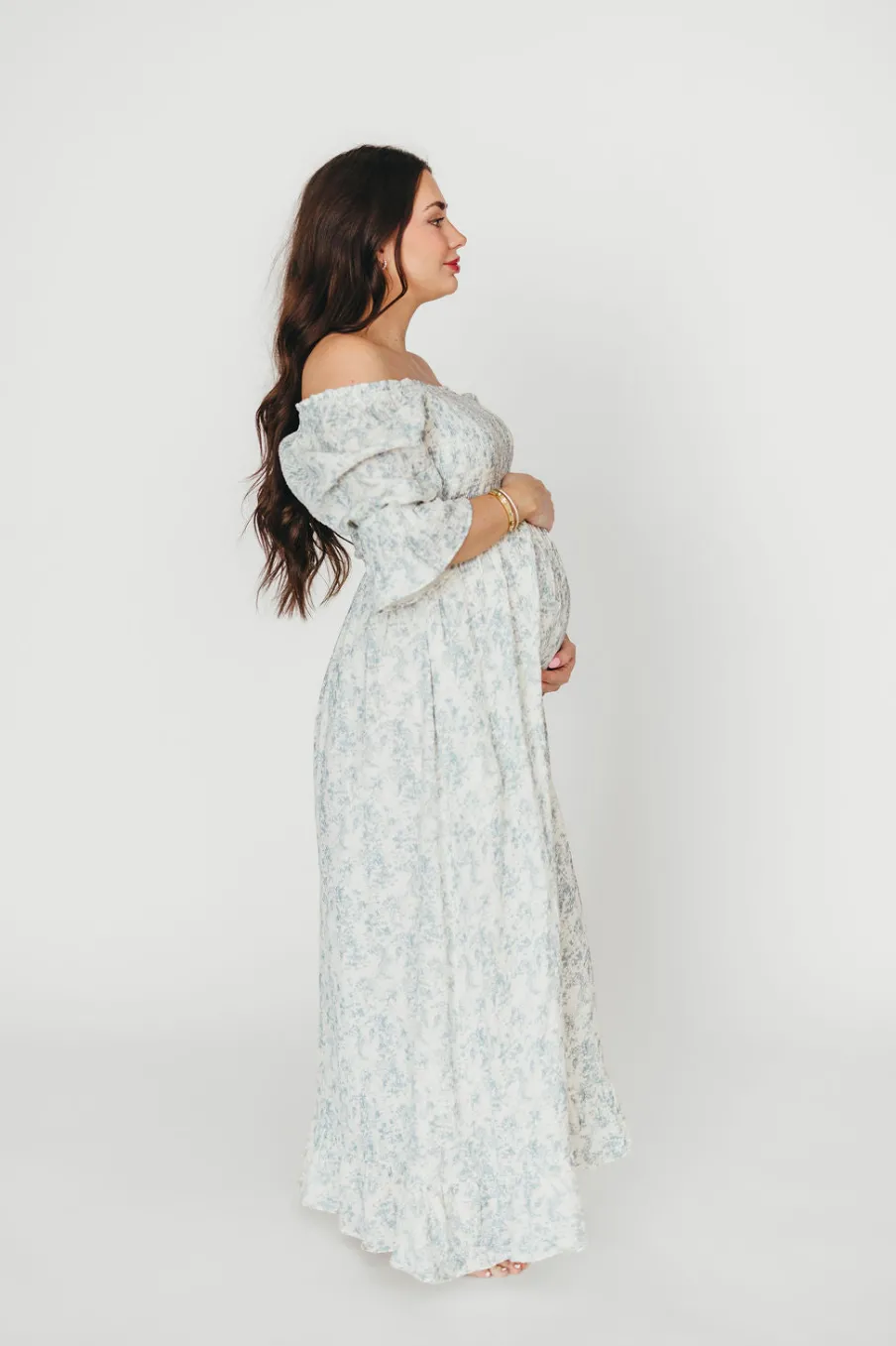 Fashion Worth Collective Sienna 100% Cotton Puff Sleeve Maxi Dress in Blue Floral - Bump Friend