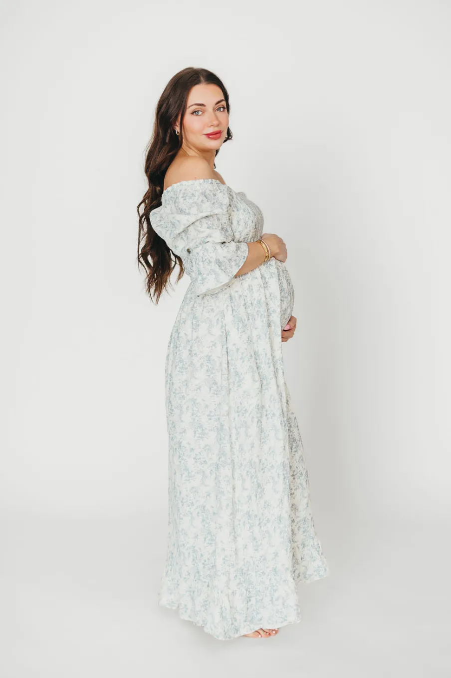 Fashion Worth Collective Sienna 100% Cotton Puff Sleeve Maxi Dress in Blue Floral - Bump Friend