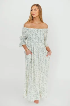 Fashion Worth Collective Sienna 100% Cotton Puff Sleeve Maxi Dress in Blue Floral - Bump Friend