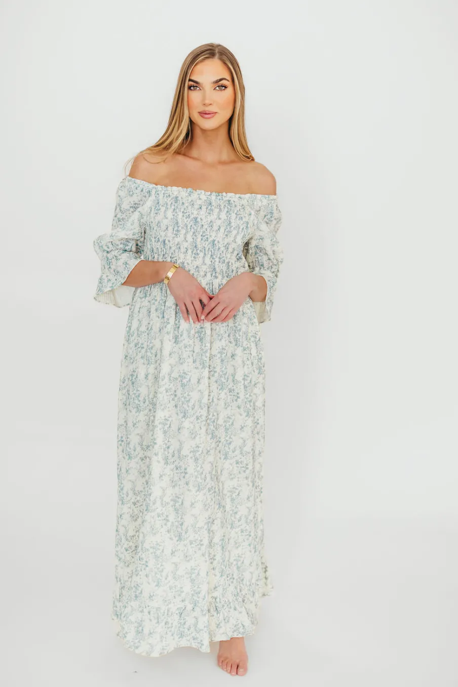 Fashion Worth Collective Sienna 100% Cotton Puff Sleeve Maxi Dress in Blue Floral - Bump Friend