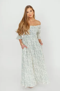 Fashion Worth Collective Sienna 100% Cotton Puff Sleeve Maxi Dress in Blue Floral - Bump Friend