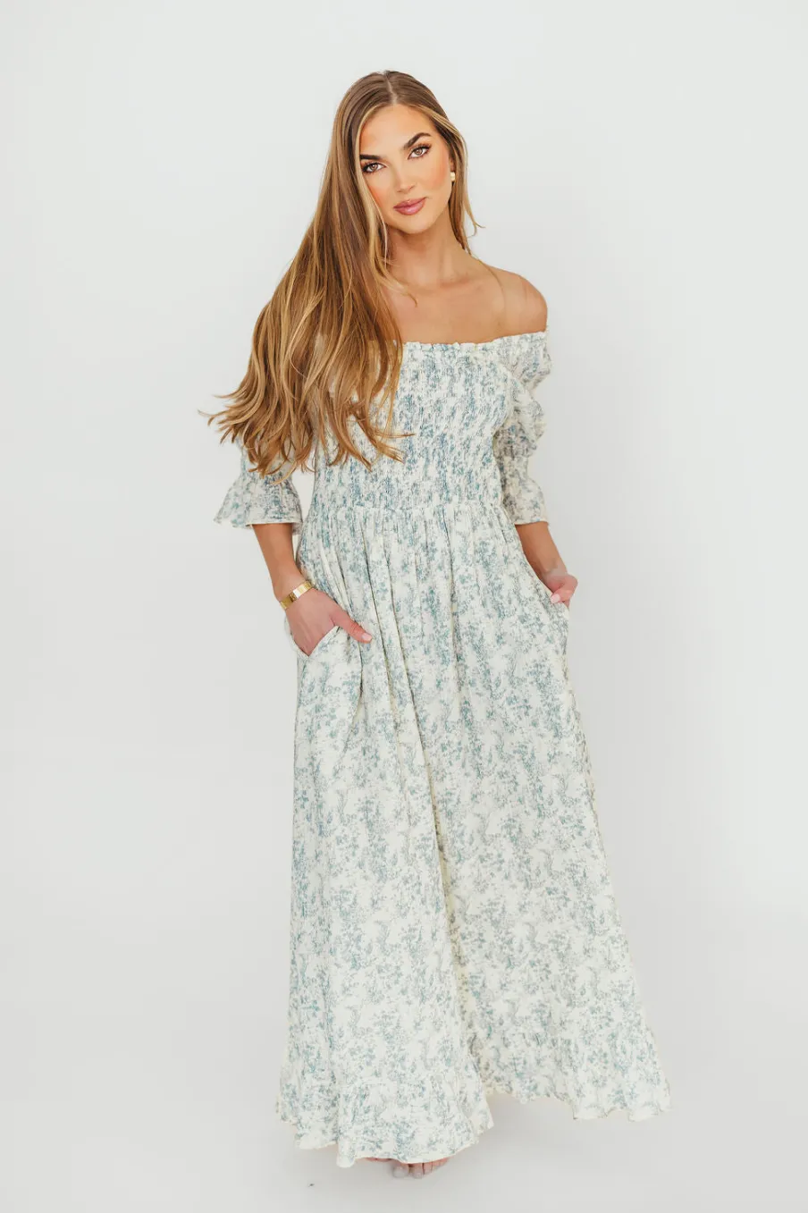 Fashion Worth Collective Sienna 100% Cotton Puff Sleeve Maxi Dress in Blue Floral - Bump Friend