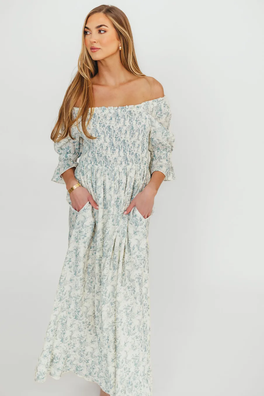 Fashion Worth Collective Sienna 100% Cotton Puff Sleeve Maxi Dress in Blue Floral - Bump Friend