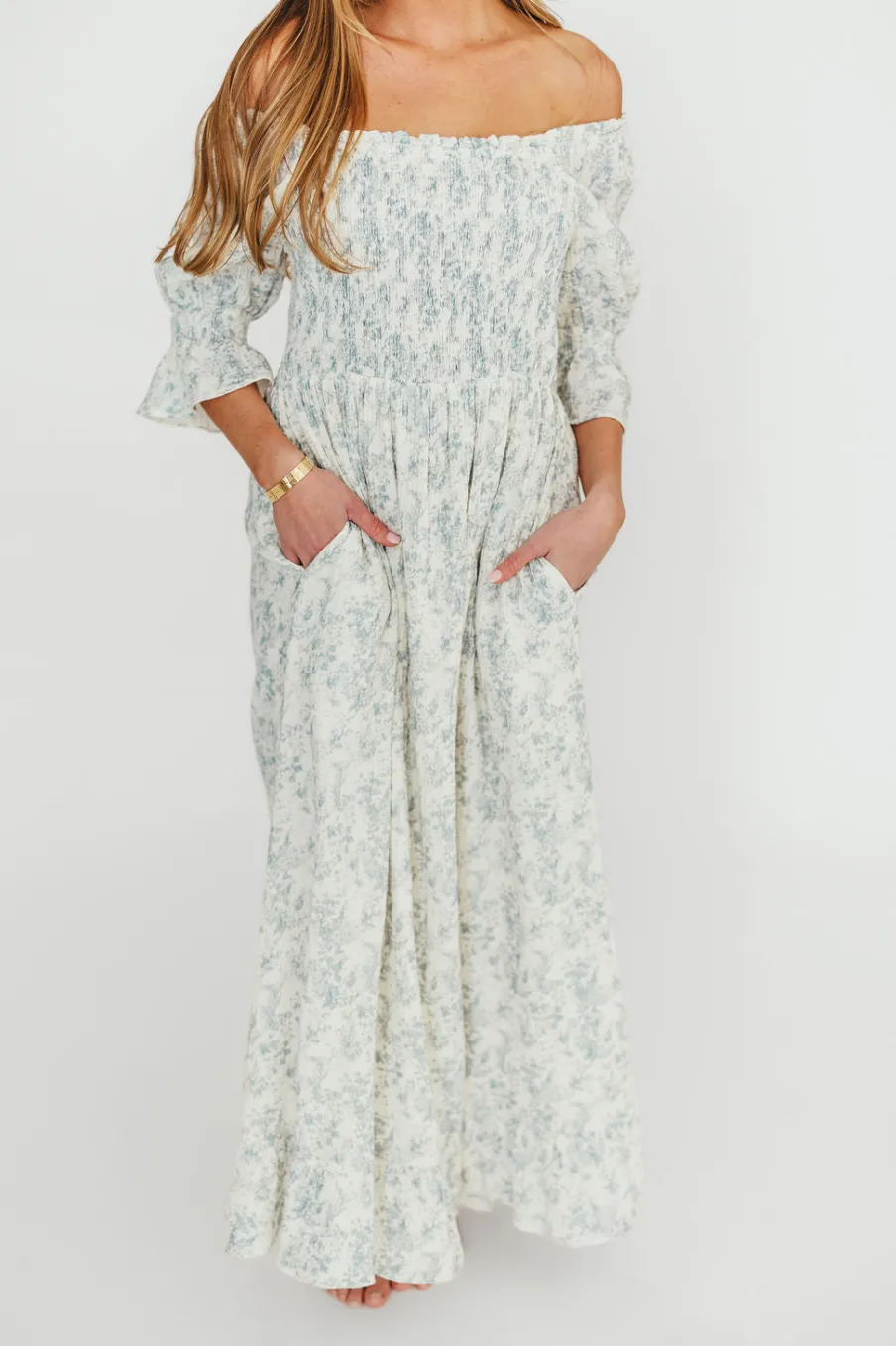 Fashion Worth Collective Sienna 100% Cotton Puff Sleeve Maxi Dress in Blue Floral - Bump Friend
