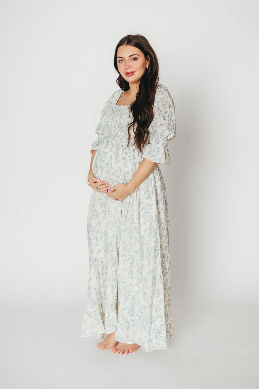 Fashion Worth Collective Sienna 100% Cotton Puff Sleeve Maxi Dress in Blue Floral - Bump Friend
