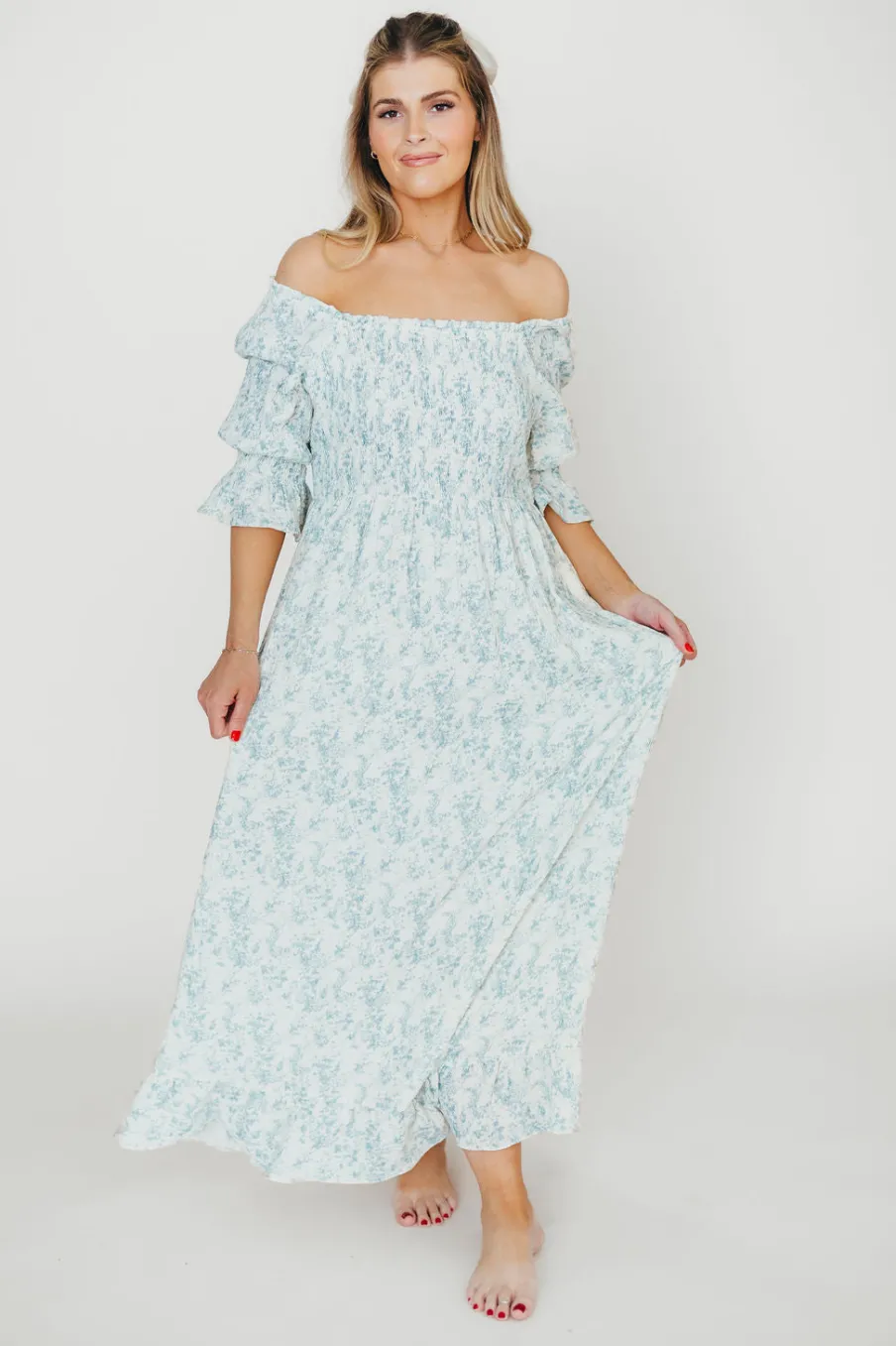 Fashion Worth Collective Sienna 100% Cotton Puff Sleeve Maxi Dress in Blue Floral - Bump Friend