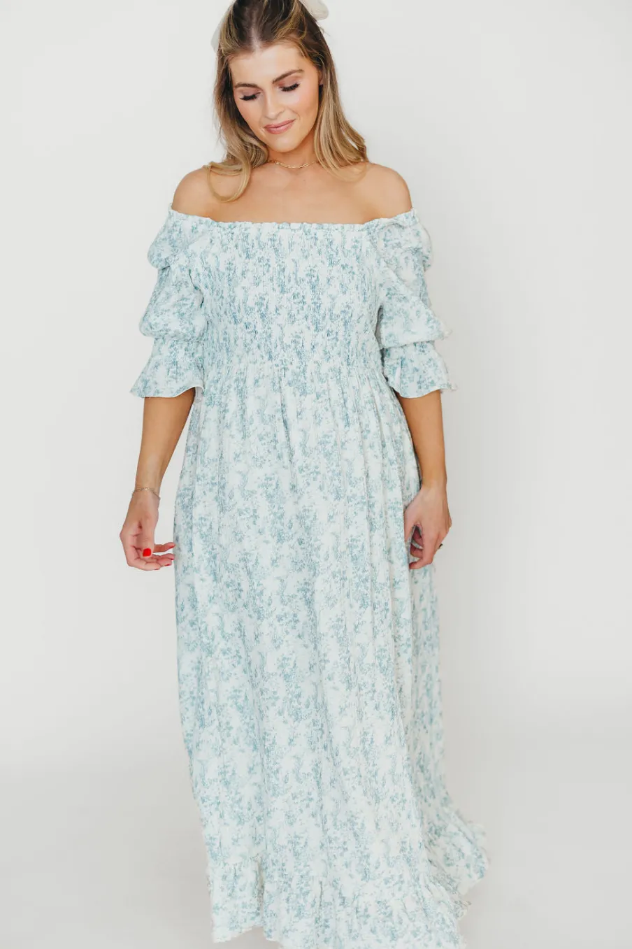 Fashion Worth Collective Sienna 100% Cotton Puff Sleeve Maxi Dress in Blue Floral - Bump Friend