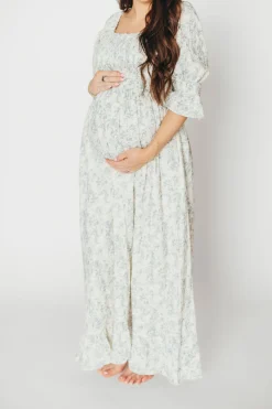 Fashion Worth Collective Sienna 100% Cotton Puff Sleeve Maxi Dress in Blue Floral - Bump Friend