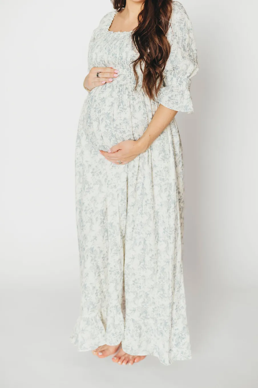 Fashion Worth Collective Sienna 100% Cotton Puff Sleeve Maxi Dress in Blue Floral - Bump Friend