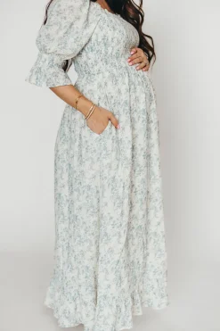 Fashion Worth Collective Sienna 100% Cotton Puff Sleeve Maxi Dress in Blue Floral - Bump Friend