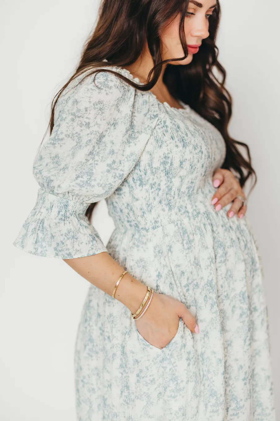 Fashion Worth Collective Sienna 100% Cotton Puff Sleeve Maxi Dress in Blue Floral - Bump Friend