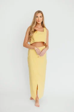 Outlet Worth Collective Sierra Linen Crop Top and Skirt Set in Light Yellow