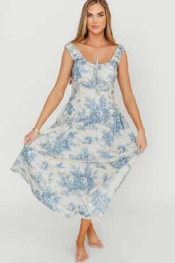 Clearance Worth Collective Skyla 100% Cotton Toile Midi Dress with Tie in Blue