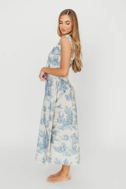 Clearance Worth Collective Skyla 100% Cotton Toile Midi Dress with Tie in Blue