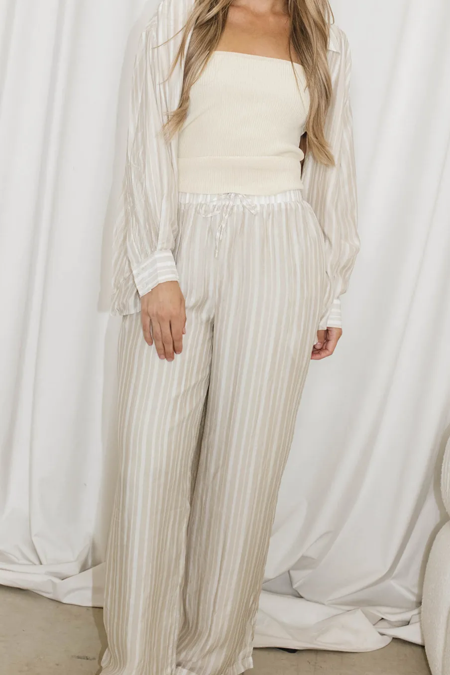 Best Worth Collective Sloane Striped Button-Down Shirt and Pants Set in Natural - Nursing Fr
