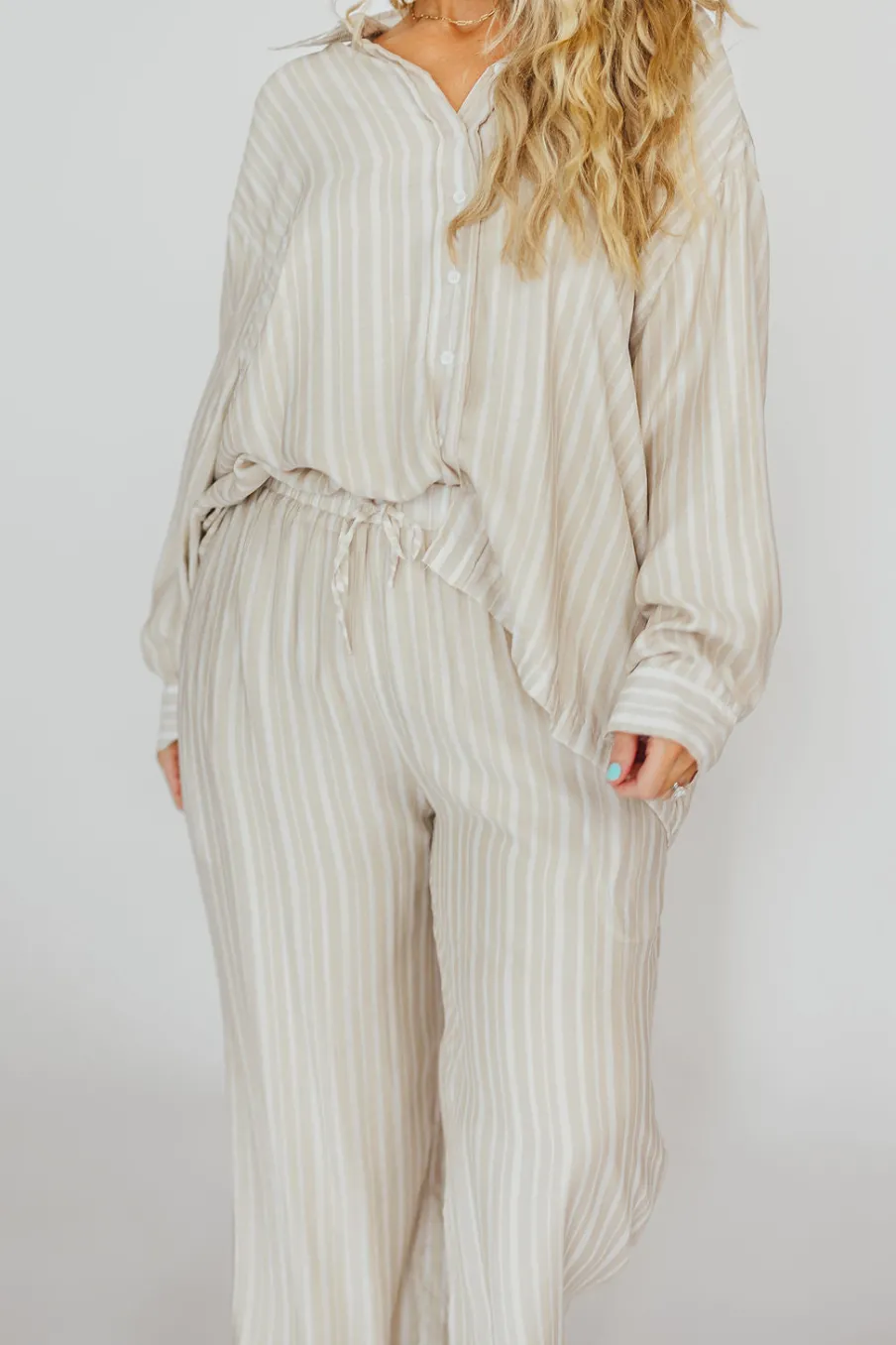 Best Worth Collective Sloane Striped Button-Down Shirt and Pants Set in Natural - Nursing Fr