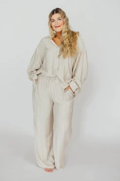 Best Worth Collective Sloane Striped Button-Down Shirt and Pants Set in Natural - Nursing Fr