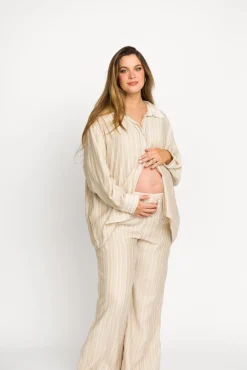 Best Worth Collective Sloane Striped Button-Down Shirt and Pants Set in Natural - Nursing Fr