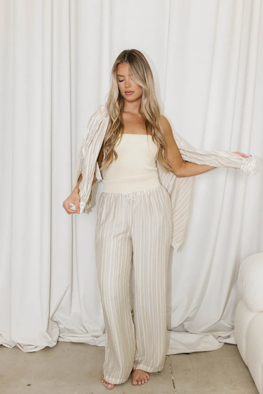 Best Worth Collective Sloane Striped Button-Down Shirt and Pants Set in Natural - Nursing Fr