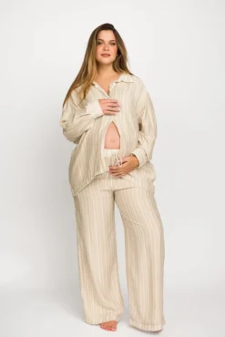 Best Worth Collective Sloane Striped Button-Down Shirt and Pants Set in Natural - Nursing Fr