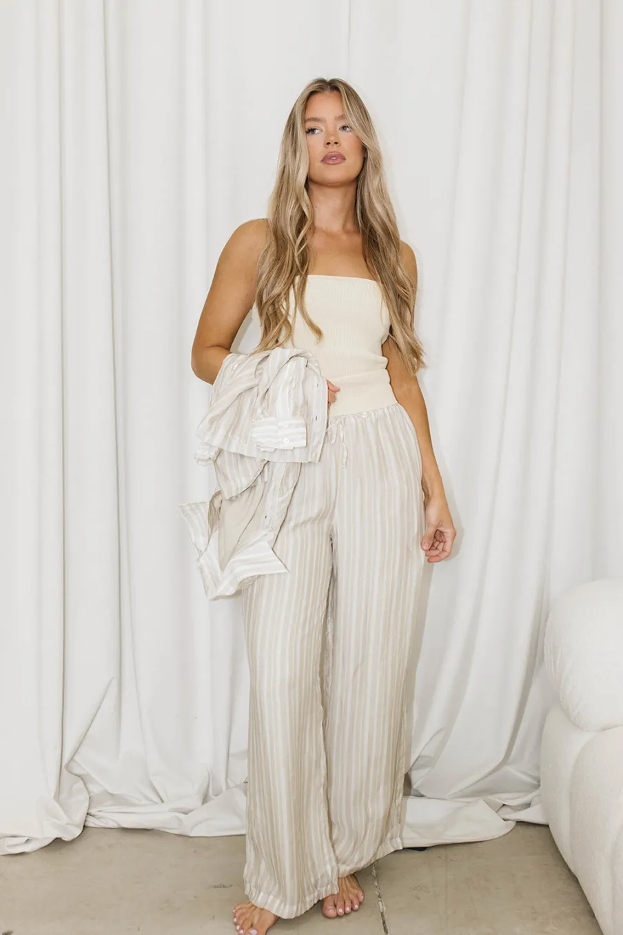Best Worth Collective Sloane Striped Button-Down Shirt and Pants Set in Natural - Nursing Fr