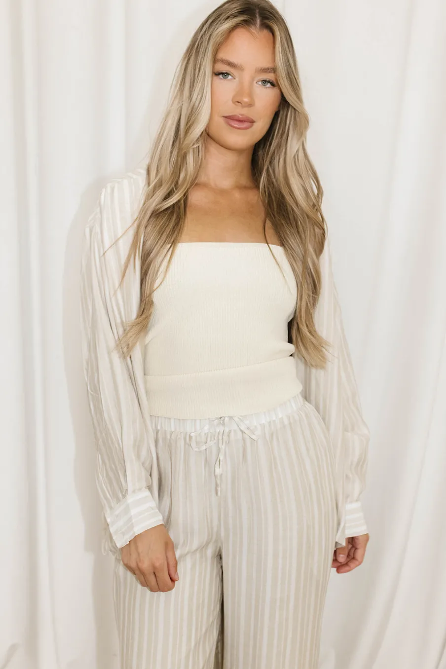 Best Worth Collective Sloane Striped Button-Down Shirt and Pants Set in Natural - Nursing Fr