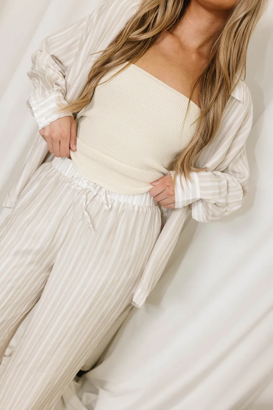 Best Worth Collective Sloane Striped Button-Down Shirt and Pants Set in Natural - Nursing Fr