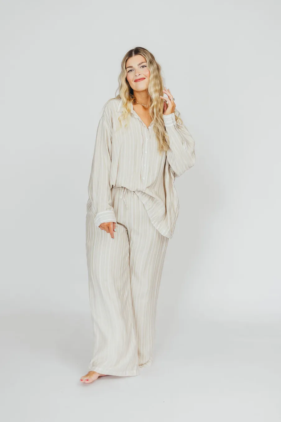 Best Worth Collective Sloane Striped Button-Down Shirt and Pants Set in Natural - Nursing Fr