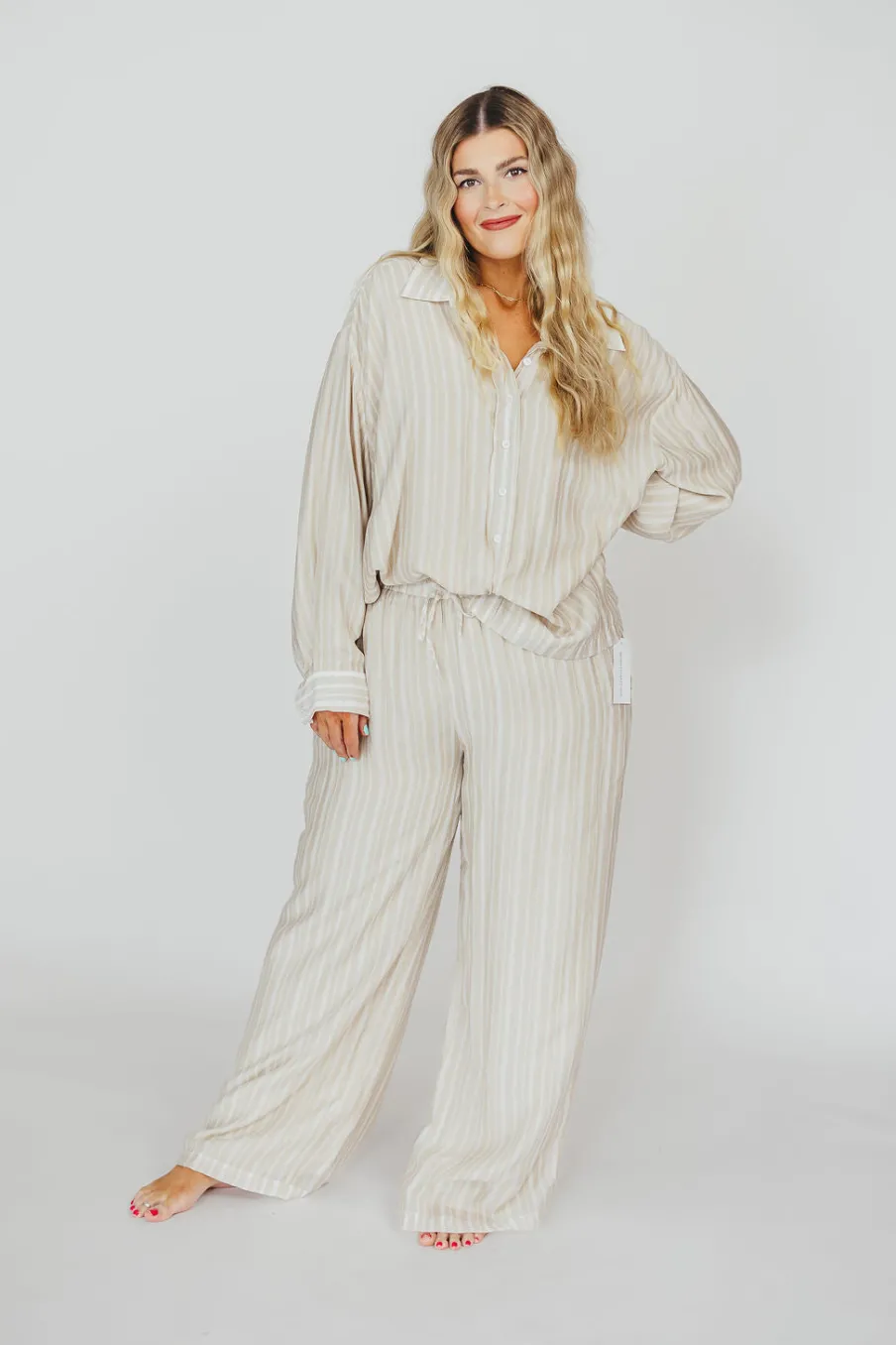 Best Worth Collective Sloane Striped Button-Down Shirt and Pants Set in Natural - Nursing Fr