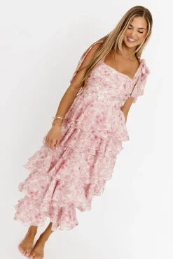 Best Worth Collective Soho Floral Tiered Midi Dress with Pleats and Ruffle in Pink