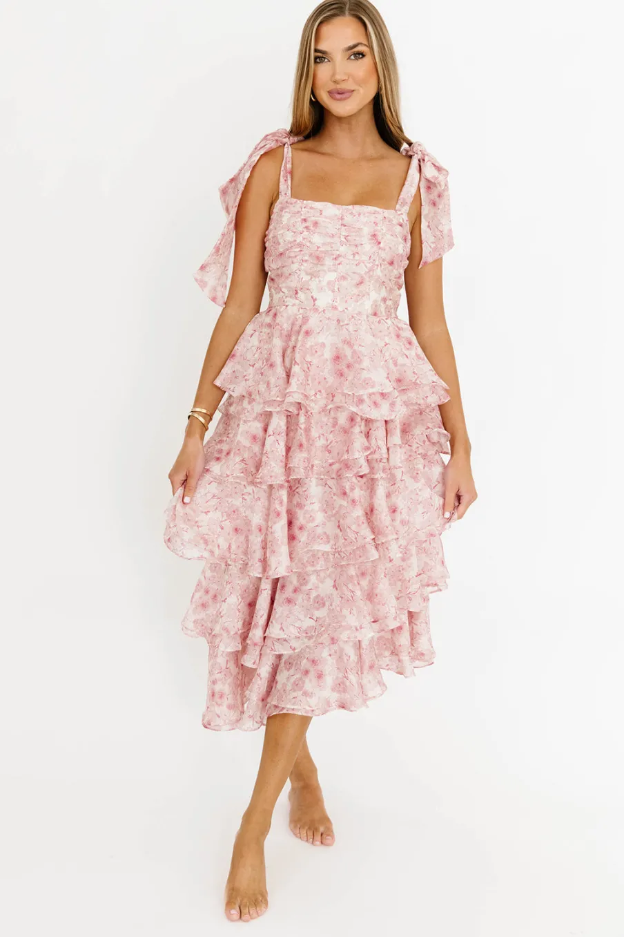 Best Worth Collective Soho Floral Tiered Midi Dress with Pleats and Ruffle in Pink