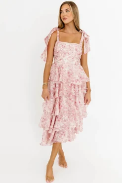 Best Worth Collective Soho Floral Tiered Midi Dress with Pleats and Ruffle in Pink
