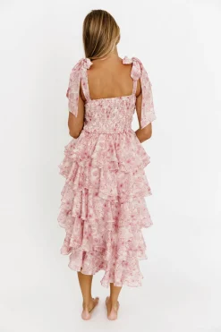 Best Worth Collective Soho Floral Tiered Midi Dress with Pleats and Ruffle in Pink