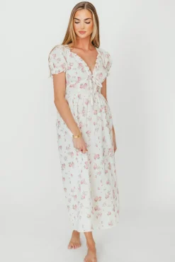 Discount Worth Collective Sophia Midi Dress in White/Pink Floral