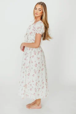 Discount Worth Collective Sophia Midi Dress in White/Pink Floral