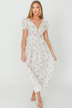Discount Worth Collective Sophia Midi Dress in White/Pink Floral