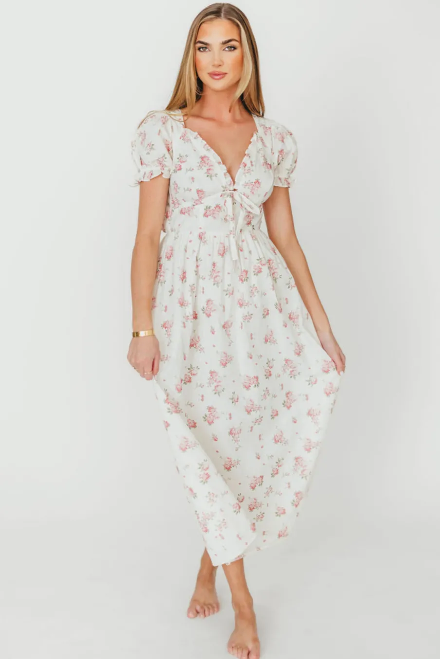 Discount Worth Collective Sophia Midi Dress in White/Pink Floral