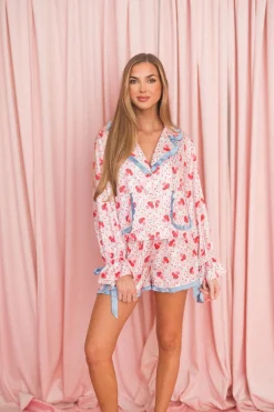 Clearance Worth Collective Strawberry Love Satin Pajama Set in White/Red/Baby Blue