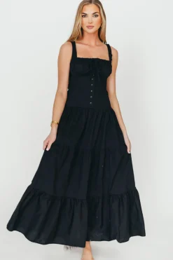 Online Worth Collective Sutton Corset Button Down Tiered Maxi Dress in Black
