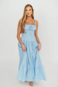 New Worth Collective Sutton Corset Button Down Tiered Maxi Dress in Light Blue