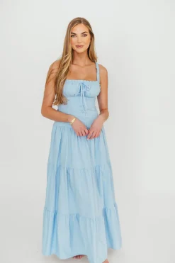 New Worth Collective Sutton Corset Button Down Tiered Maxi Dress in Light Blue