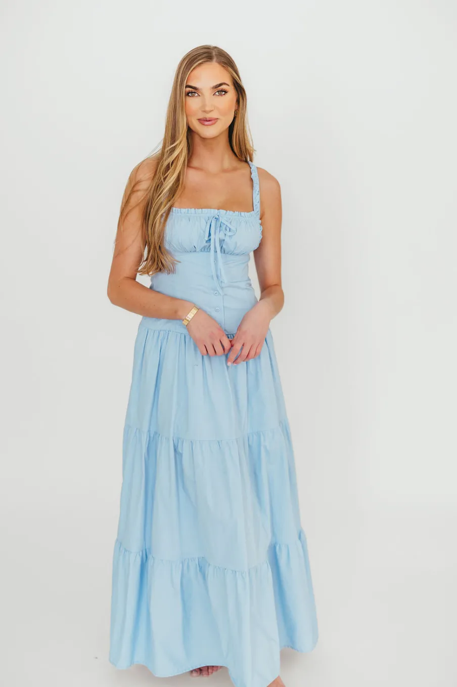 New Worth Collective Sutton Corset Button Down Tiered Maxi Dress in Light Blue