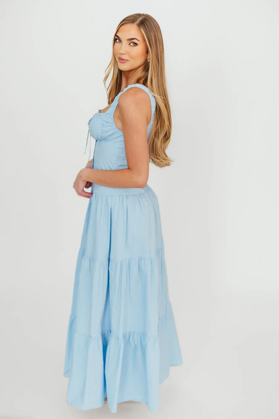 New Worth Collective Sutton Corset Button Down Tiered Maxi Dress in Light Blue